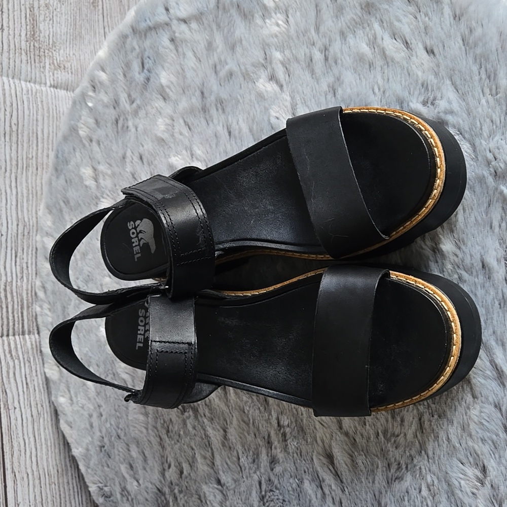 Sorel Black/Tan Platform Sandals, Womens 9 - Picture 9 of 12